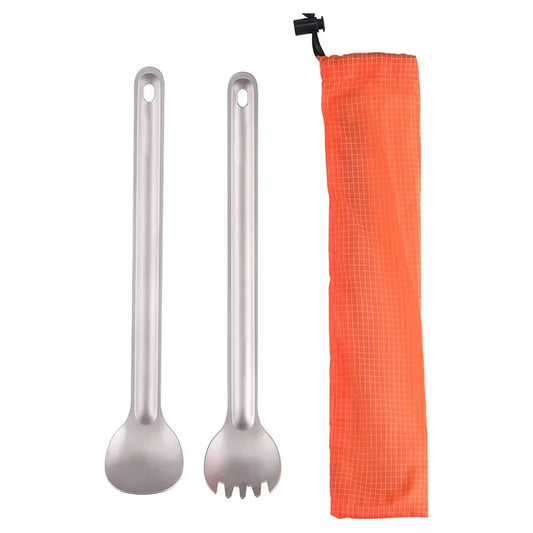 Long Titanium Spoon & Fork Set – Ultralight, Separate Pouches – By Ti Artisan